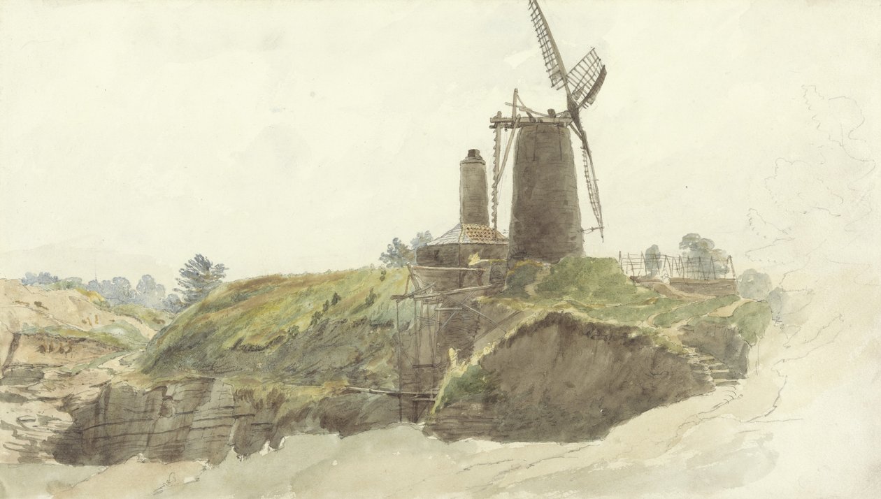 Landskab med vindmølle (wc med vask over grafit på papir) af Thomas Creswick