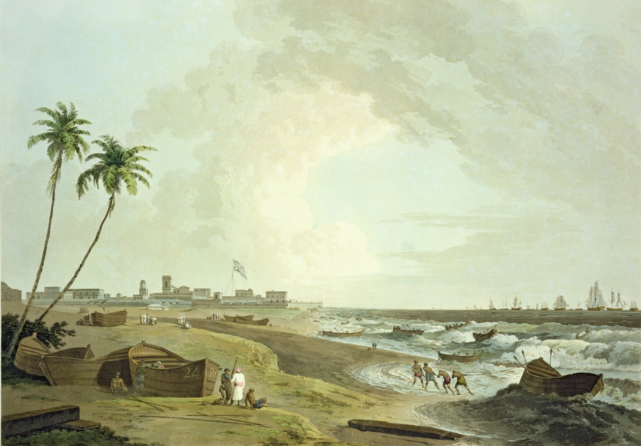 George, Madras, planche 33 fra "Oriental Scenery", sydøstlig visning af Fort St: Twenty Four Views in Hindoostan", graveret af Thomas og William (1769-1837) Daniell, udgivet i 1797 af Thomas Daniell