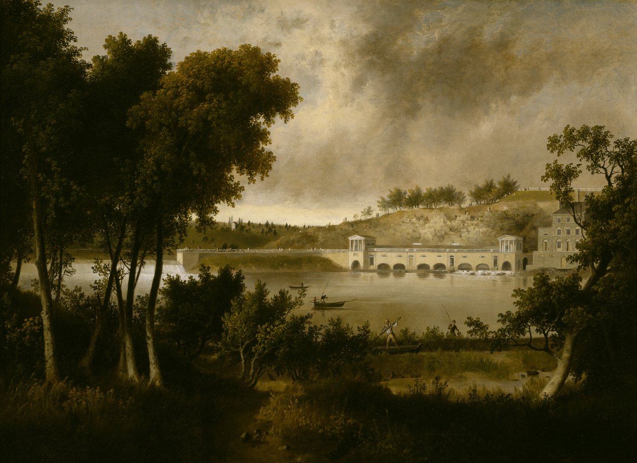 Udsigt over Fairmount Waterworks, Philadelphia, fra den modsatte side af Schuylkill-floden, ca. 1824-1826 af Thomas Doughty