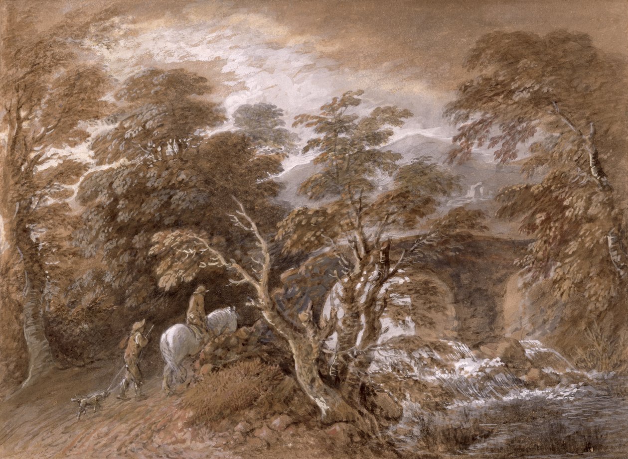 A Woodland Pool with Rocks and Plants, ca. 1765-70 (wc og sort kridt over grafit med oliemaling på papir) af Thomas Gainsborough