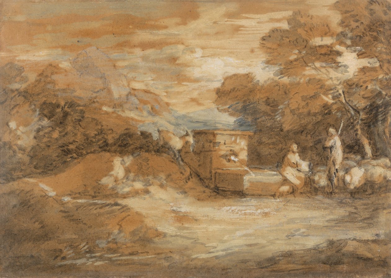 Bjerglandskab med figurer, får og springvand af Thomas Gainsborough
