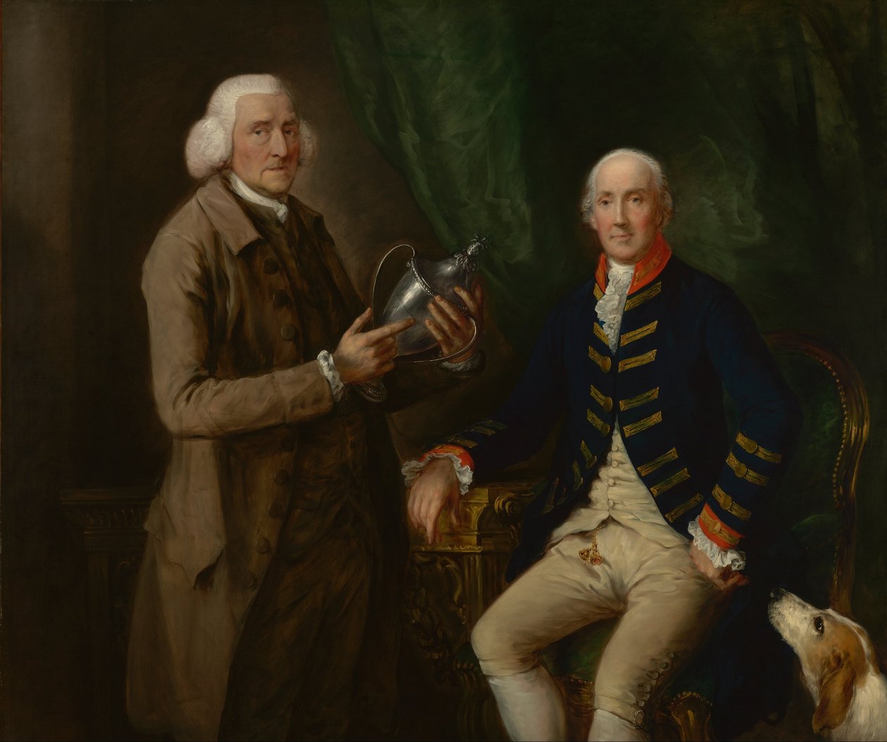 Portræt af William Anne Hollis, 4. jarl af Essex, overrækker en kop til Thomas Clutterbuck fra Watfor ... af Thomas Gainsborough