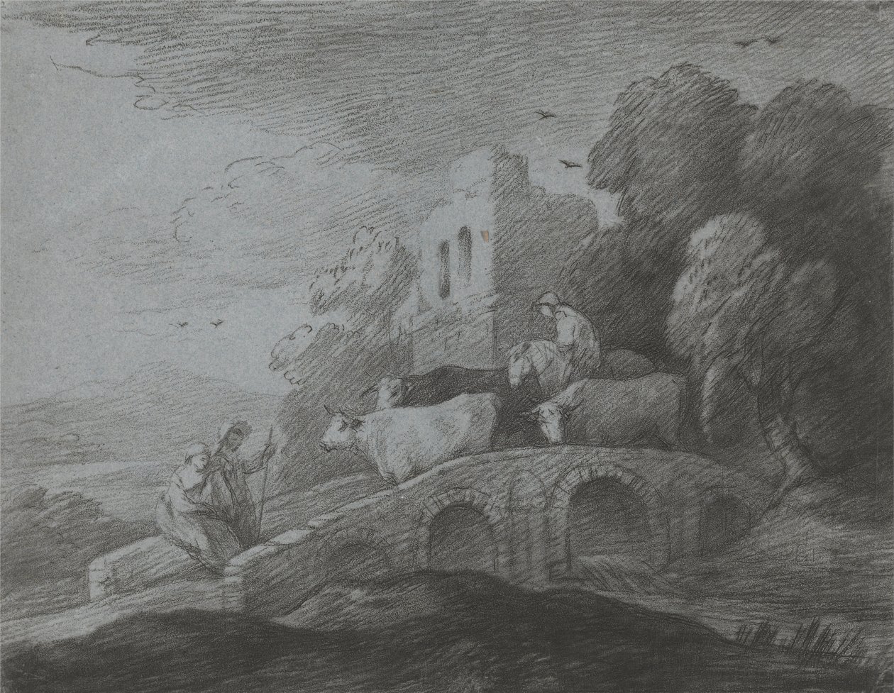 Skovklædt landskab med hyrde, der driver kvæg over en bro, rustikke elskere og ødelagt slot af Thomas Gainsborough
