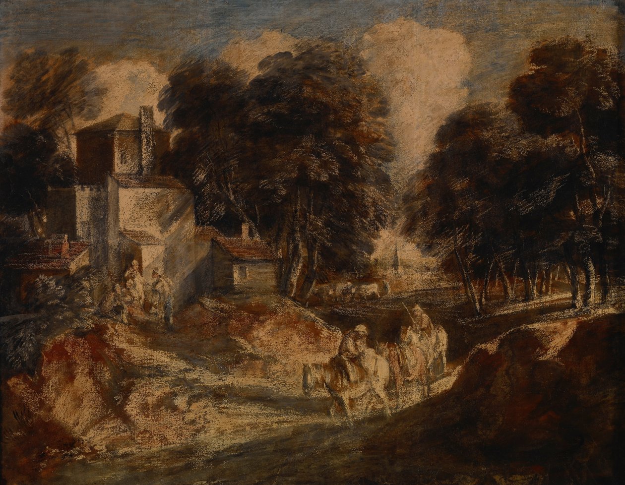 Skovklædt landskab med monterede bønder af Thomas Gainsborough