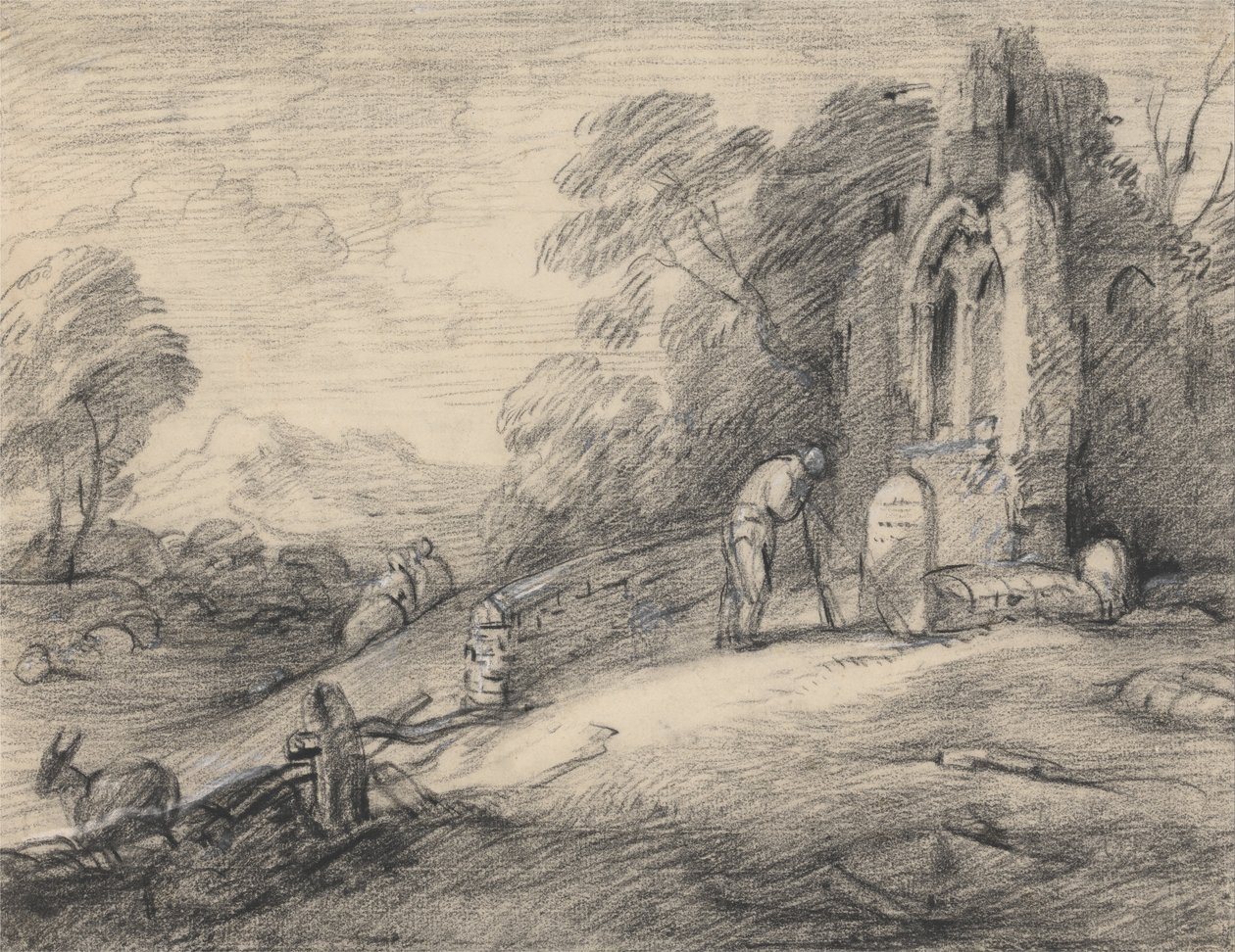 Skovklædt landskab med bonde, der læser en indskrift på en gravsten ved siden af en ødelagt kirke, figurer, ... af Thomas Gainsborough