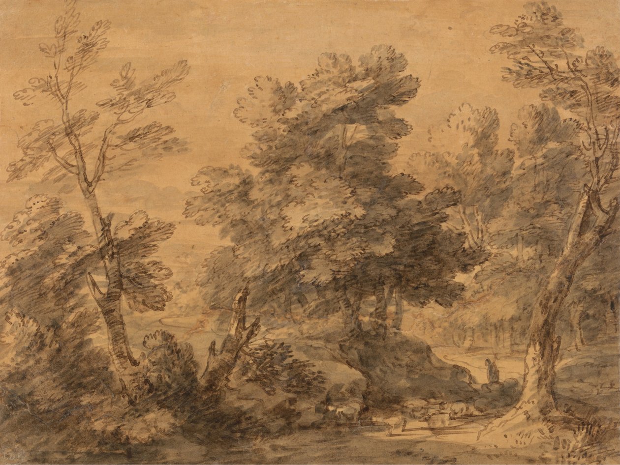 Skovklædt landskab med hyrde og får af Thomas Gainsborough