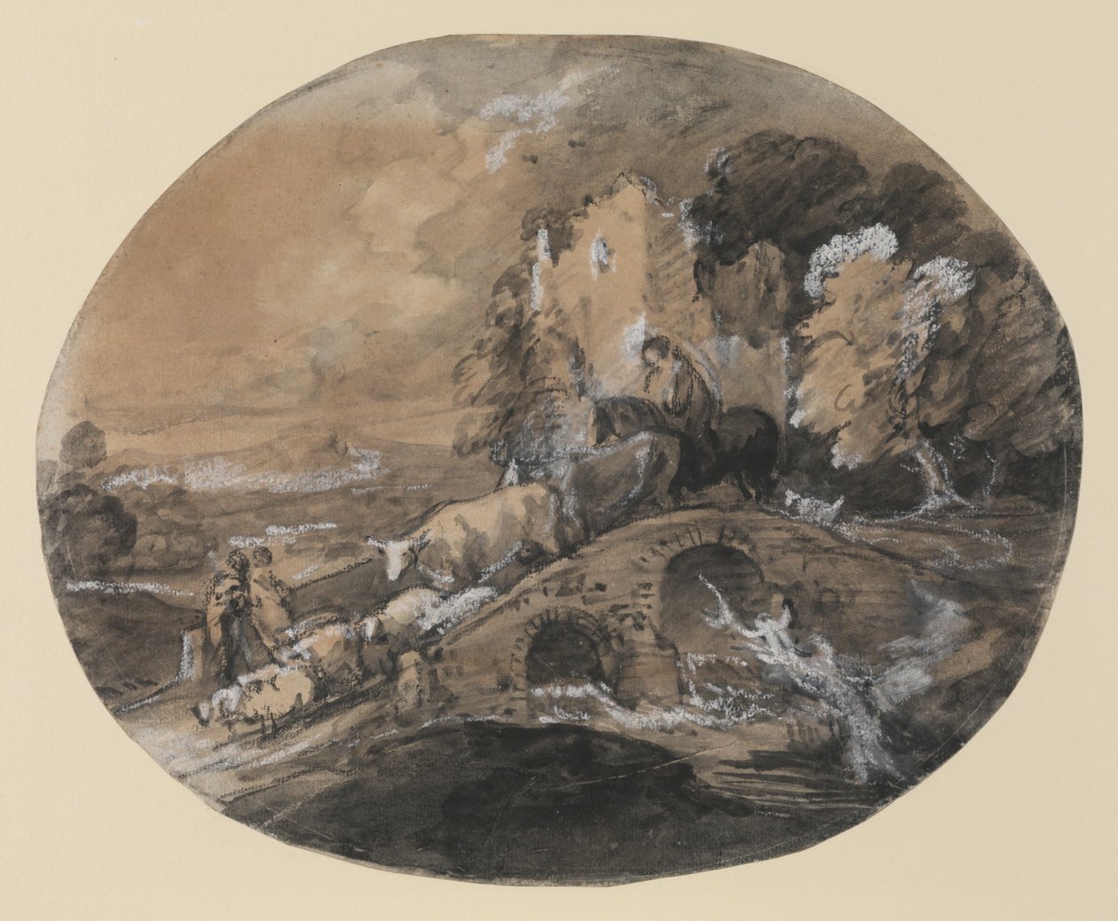 Skovklædt landskab med hyrde, der driver kvæg over en bro, bønder og et slotruin, 1781 (sort blækvask, sort kridt forhøjet med hvidt på papir) af Thomas Gainsborough