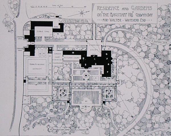 Residence and Gardens on The Flagstaff Hill, Colwyn Bay, for Walter Whitehead Esq, fra Thomas Mawsons The Art and Craft of Garden Making, udgivet 1900 (se også 171144) af Thomas Hayton Mawson