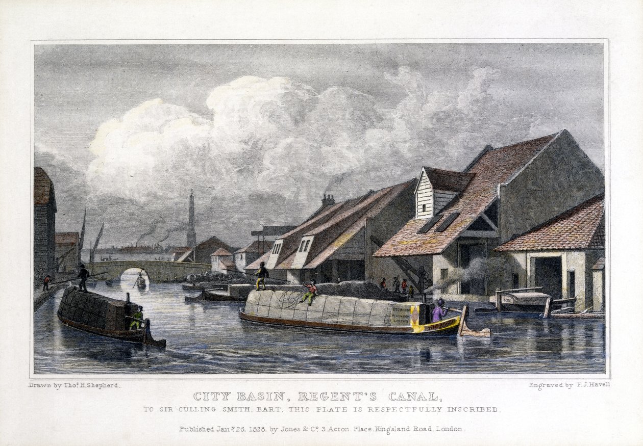 City Basin, Regents Canal, indgraveret af F.J. Havell, 1827 af Thomas Hosmer after Shepherd