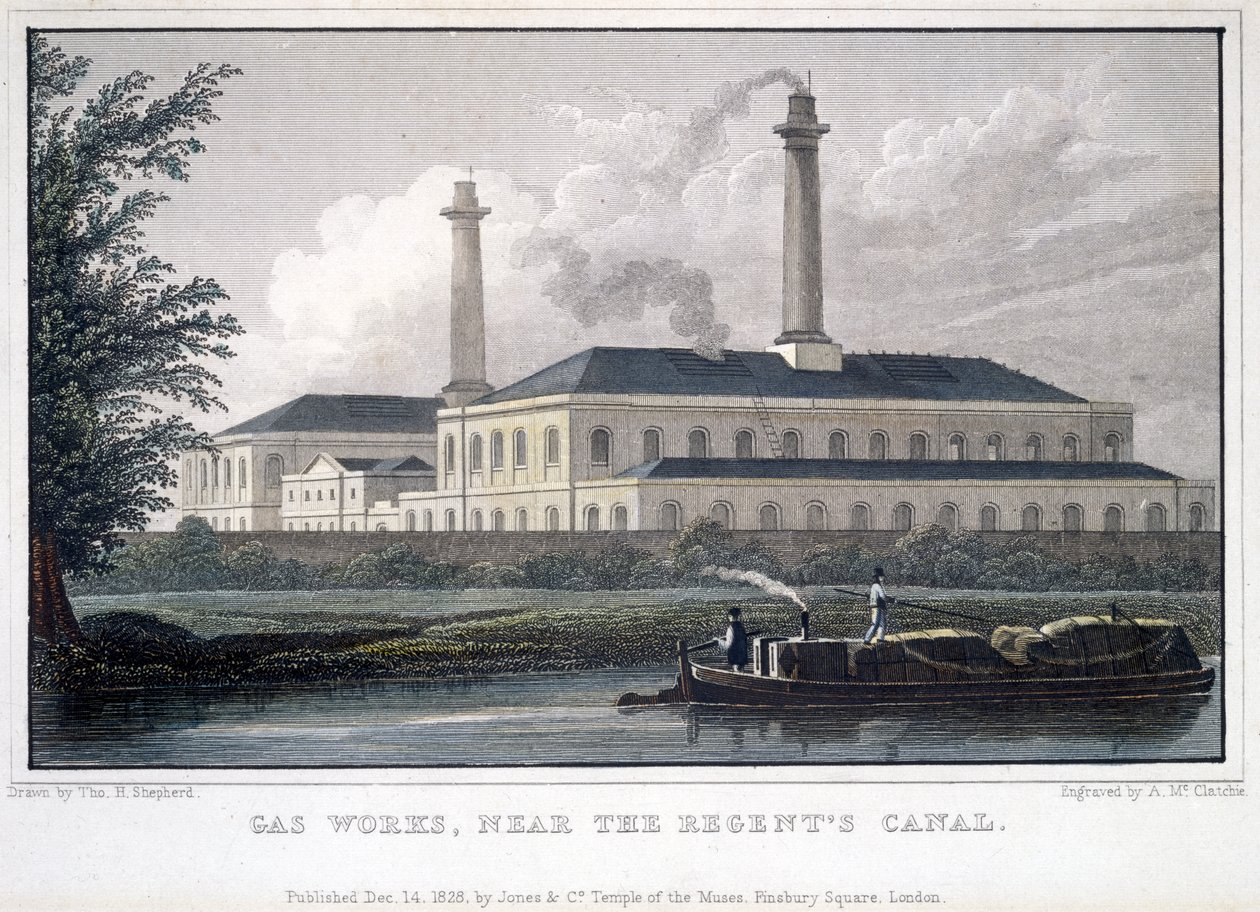 Gas Works, nær Regents Canal, indgraveret af A. McClatchie, 1828 af Thomas Hosmer after Shepherd