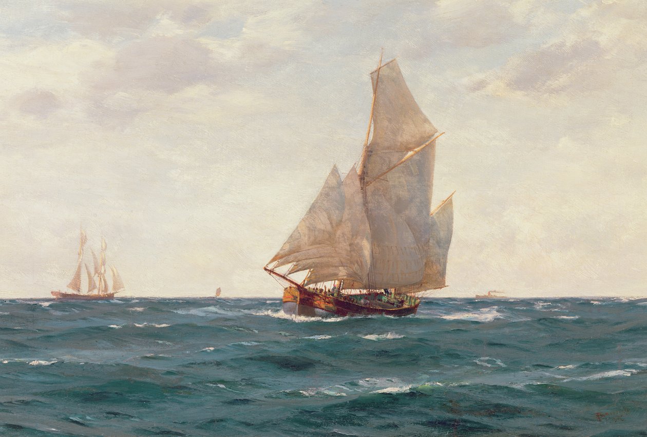 En Ketch og en Brigantine ud for kysten, ca. 1905 af Thomas J. Somerscales