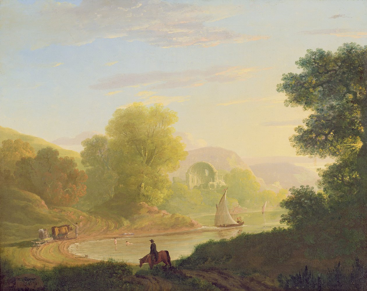 En imaginær kystscene med Venus-templet i Baiae, 1773 af Thomas Jones