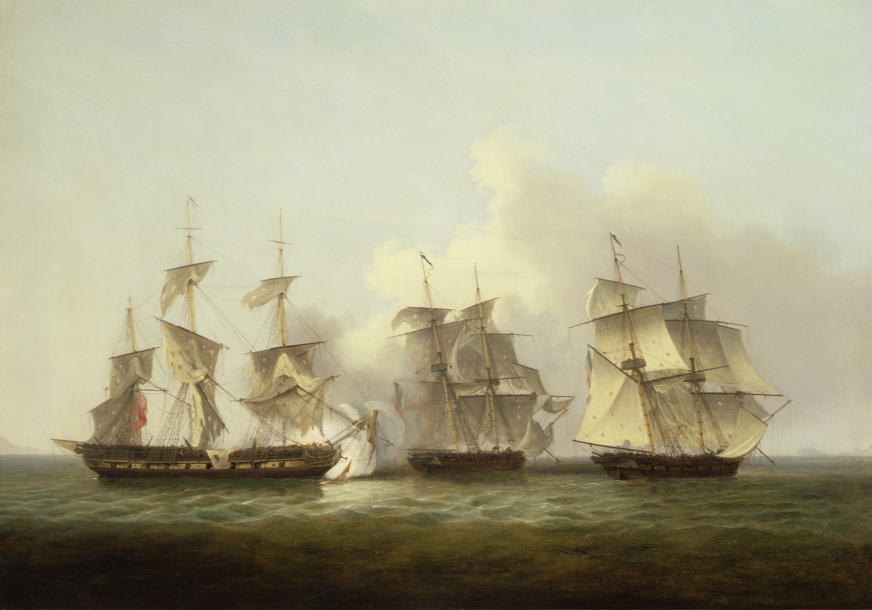 HMS Gore i aktion med de franske brigger Palinure og Pilade (se også 197355) af Thomas Luny