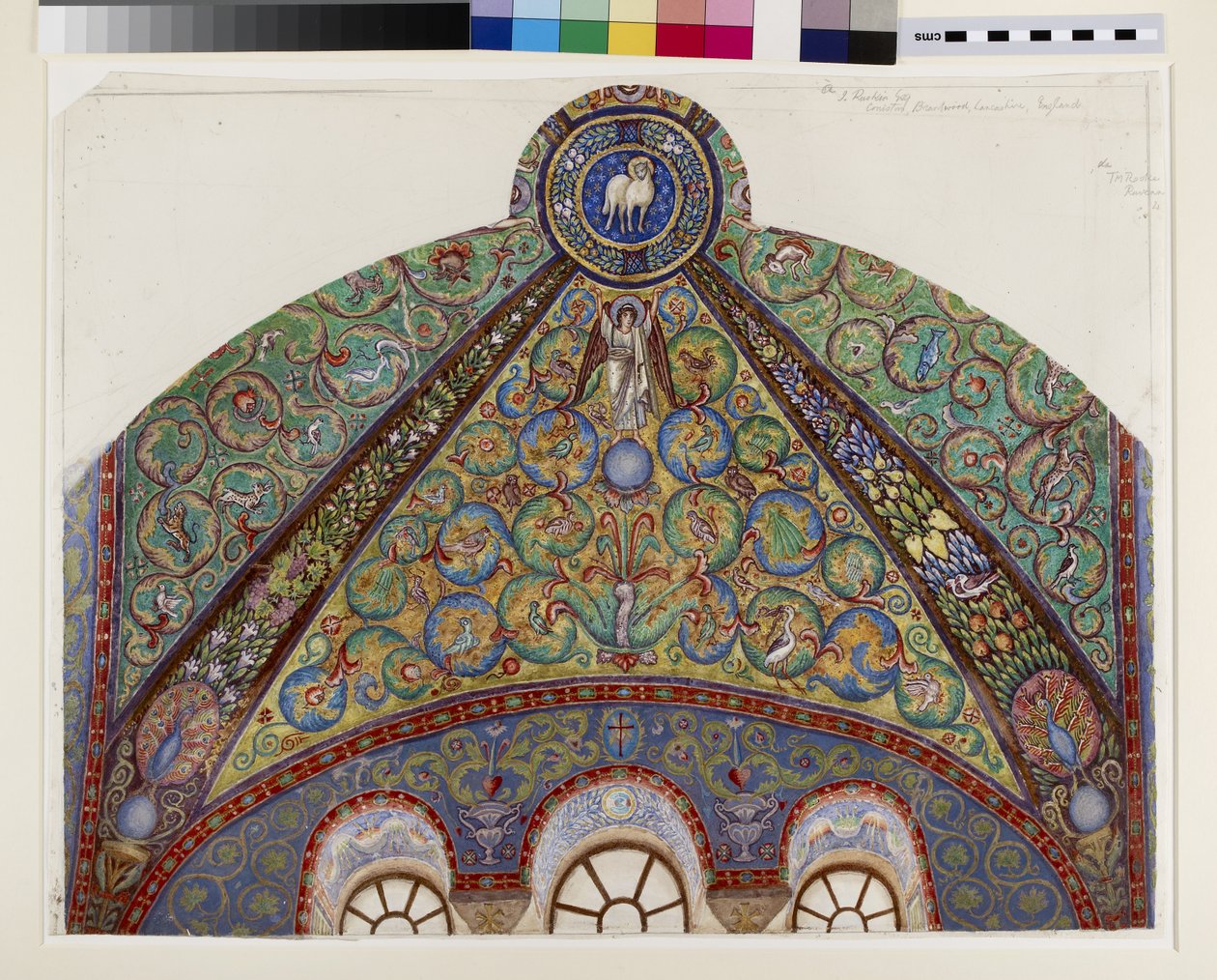 Tegning af mosaikkerne i hvælvingen i San Vitale-kirken i Ravenna, 1884 (akvarel, bodycolour og guldfarve over grafit på papir) af Thomas Matthews Rooke
