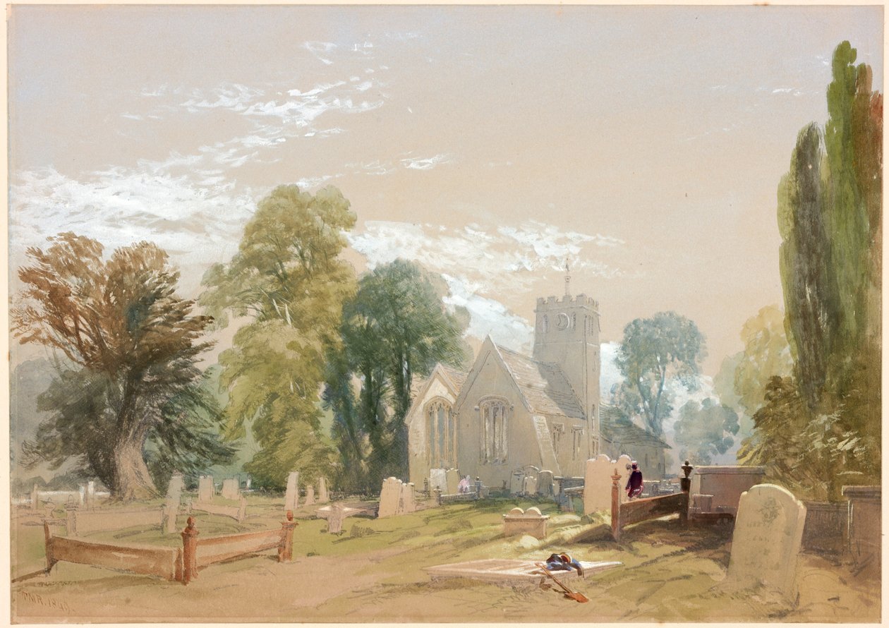 Kirken og kirkegården, Chesters (bc, blyant og wc på papir) af Thomas Miles II Richardson