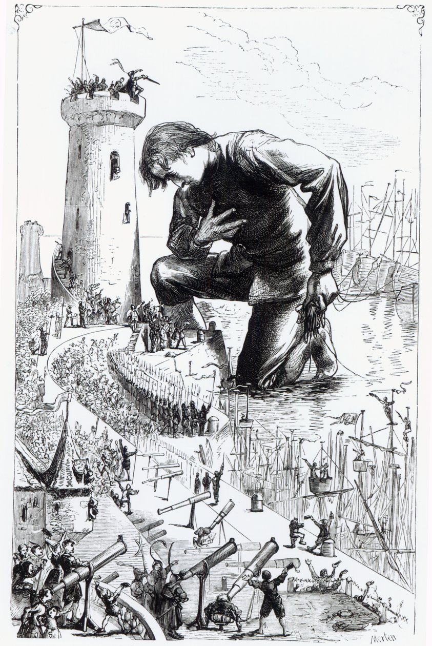 Gulliver knæler foran Lilliputianerne efter at have stjålet den blefuscudiske flåde, illustration fra 