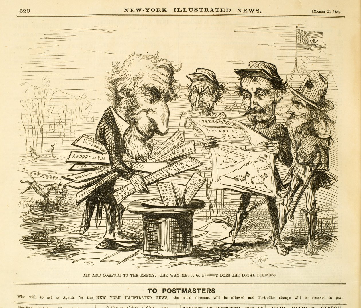 Hjælp og trøst til fjenden. - Vejen hr. J.G. B*****T Does the Loyal Business, 1862 (trægravering) af Thomas Nast