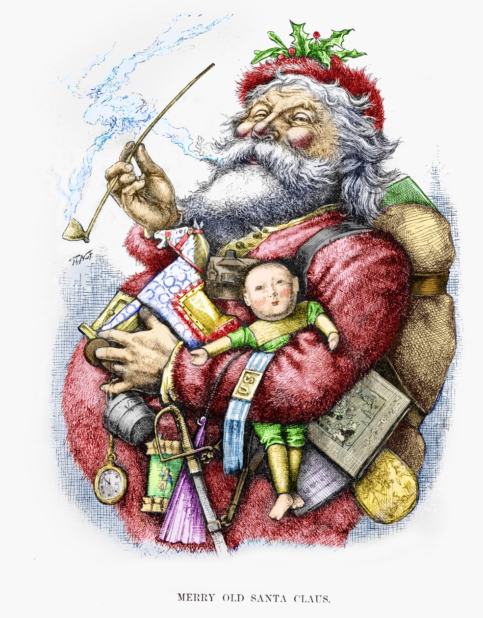 Merry Old Santa Claus, indgraveret af kunstneren, 1889 (håndfarvet gravering) af Thomas Nast