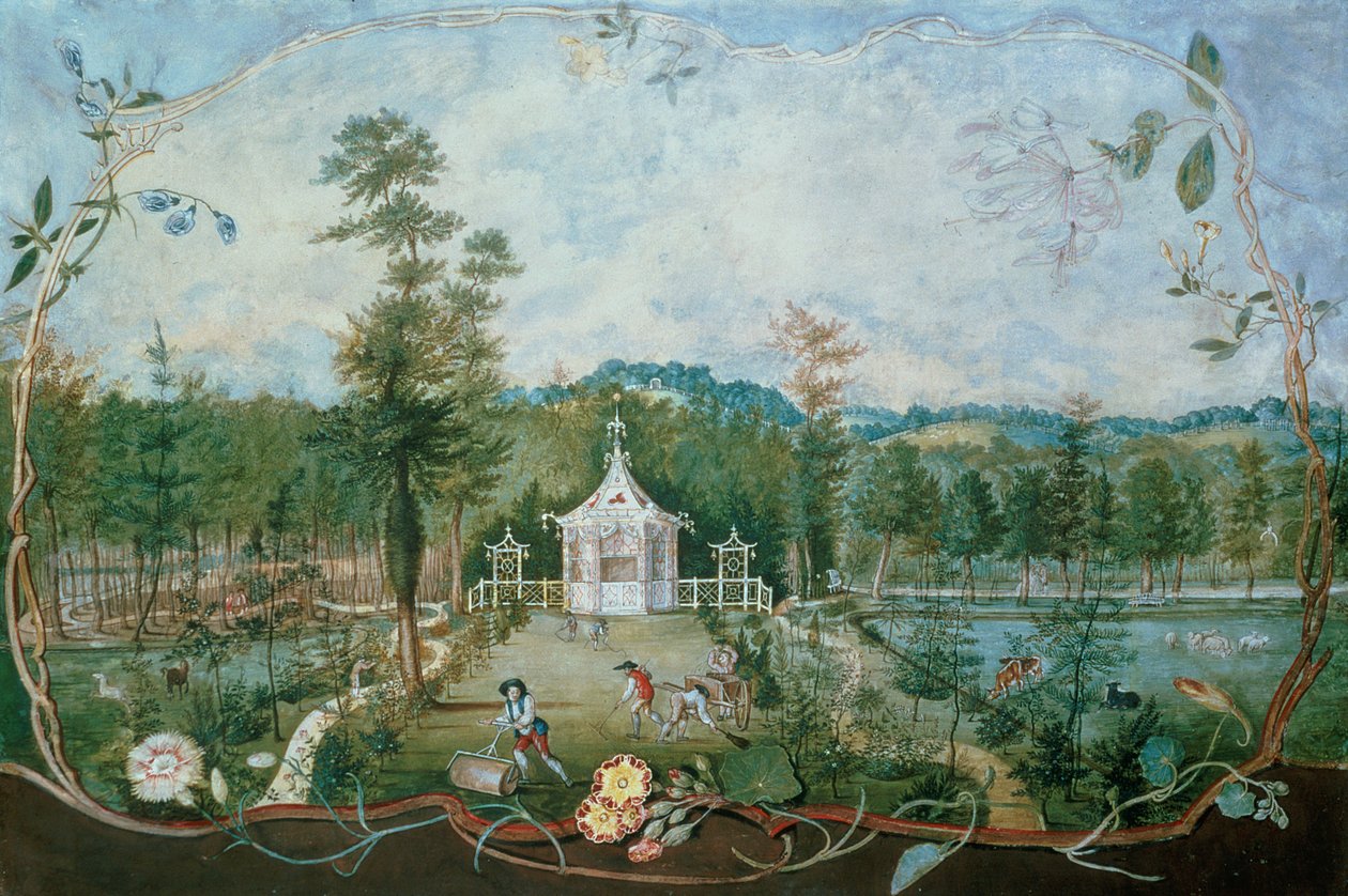 Kinesisk pavillon i en engelsk have, 1700-tallet (wc og gouache på papir) af Thomas Robins