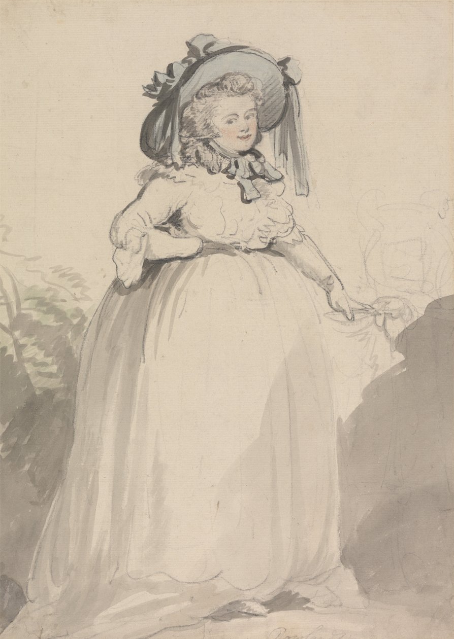 En dame i en hvid kjole, iført en blå hat af Thomas Rowlandson