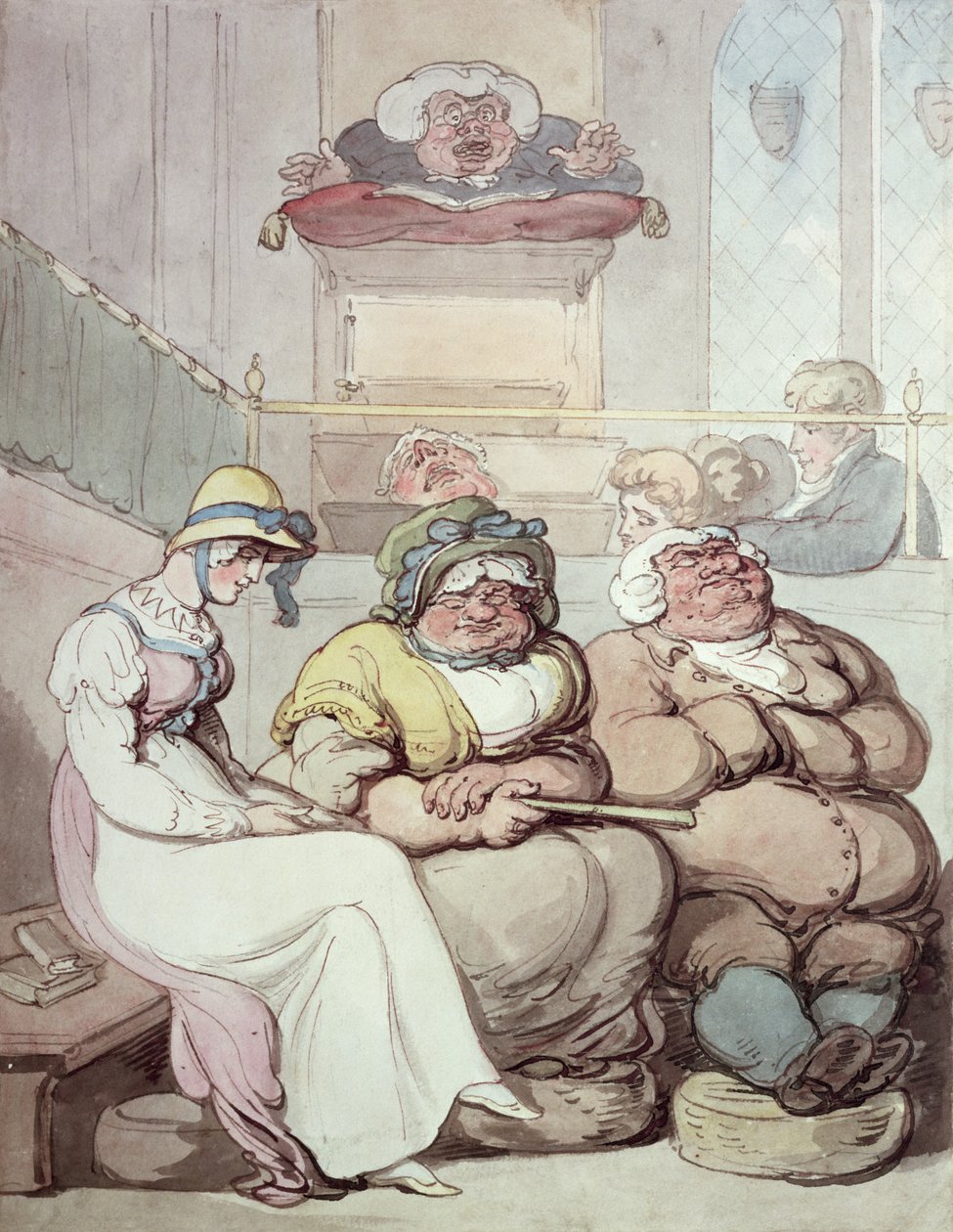 A Sleepy Congregation (blæk og wc på papir) af Thomas Rowlandson