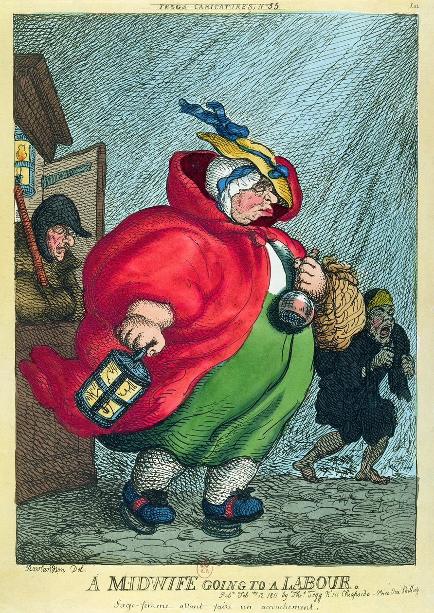 En jordemoder på vej til en fødsel, 1811 af Thomas Rowlandson