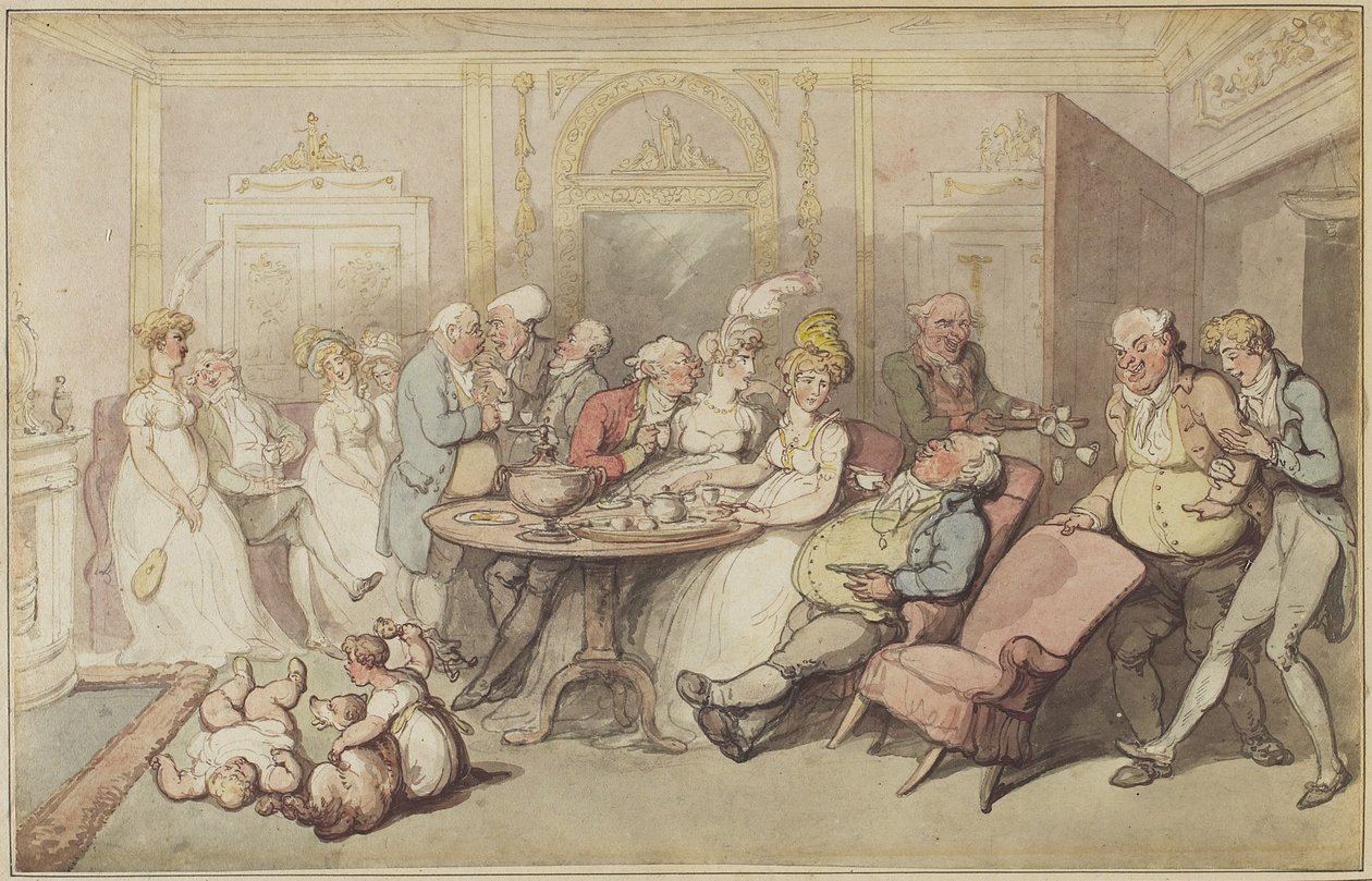 After Dinner, ca. 1805 (pen & brun, vermilion & grå blæk, & wc over grafit på vævet papir på original montering med håndtegnet kant) af Thomas Rowlandson