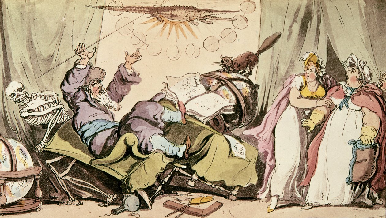 Alle skæbner, han lovede ham, var kendt, og dog kunne han ikke fortælle sin egen karikatur af en spåkone, værtshus. af R. Ackermann, 1815 af Thomas Rowlandson