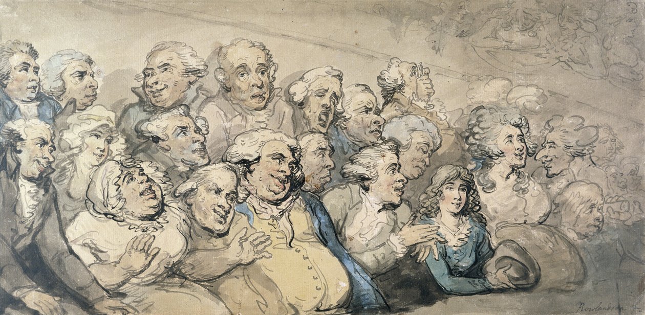 Et publikum på Drury Lane Theatre (pen og blæk og wc på kortet) af Thomas Rowlandson
