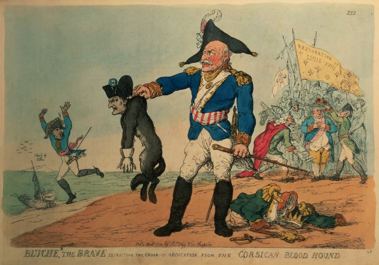 Blucher the Brave (1742-1819): Uddrager abdikationens stønnen fra den korsikanske blodhund, Napoleon, af Thomas Rowlandson