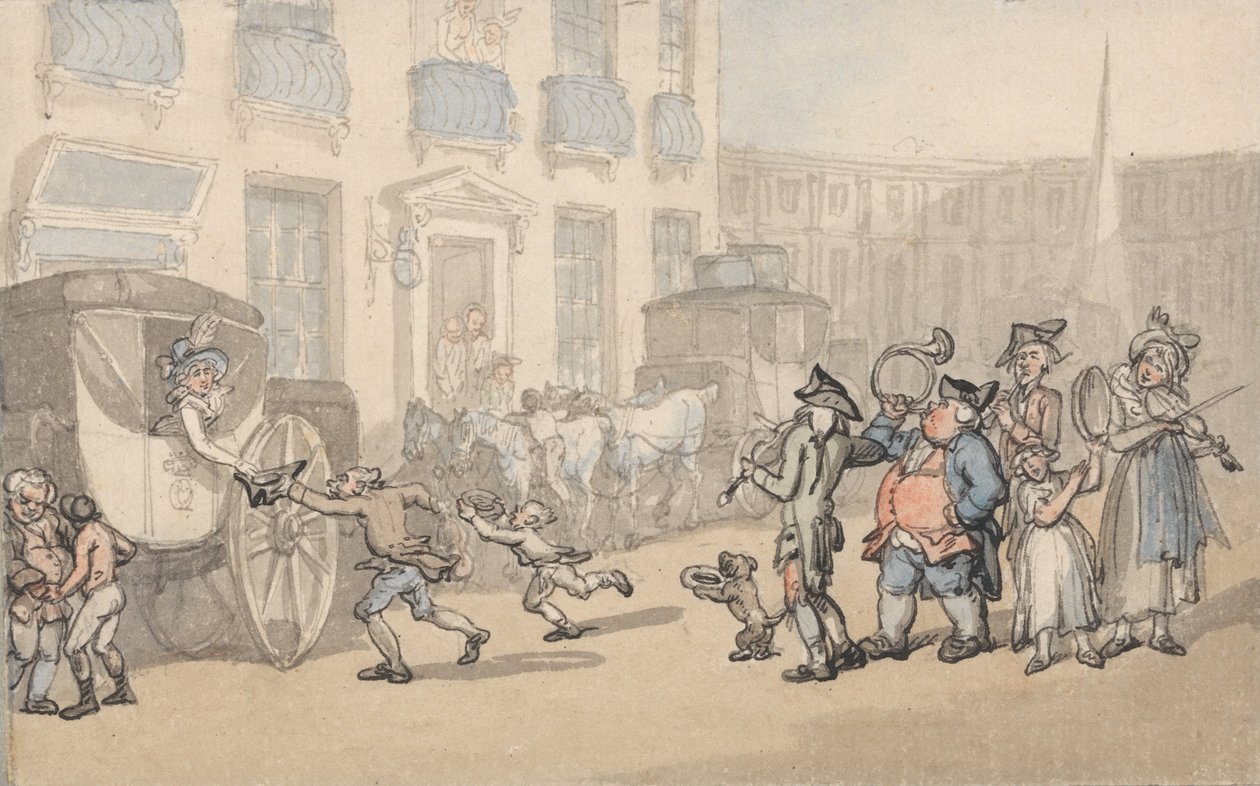 Bekvemmeligheder ved bad- busser ankommer af Thomas Rowlandson