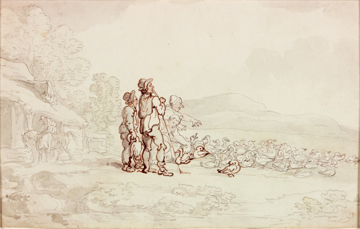 Gårdscene med flok gæs (blyant og akvarel på papir) af Thomas Rowlandson
