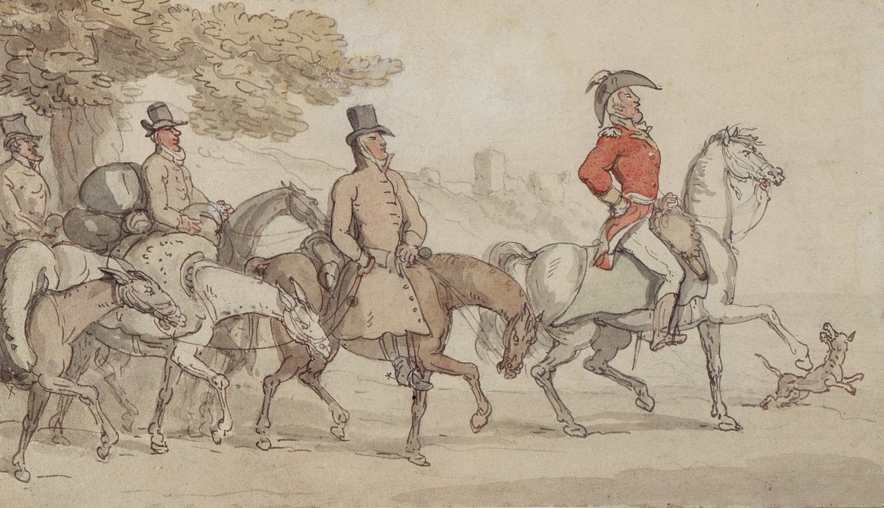 Illustrationer til The Military Adventures of Johnny Newcome: Dashed with his suite for Santarem that night af John Mitford (1782-1831) (pen og blæk og wc på papir) af Thomas Rowlandson