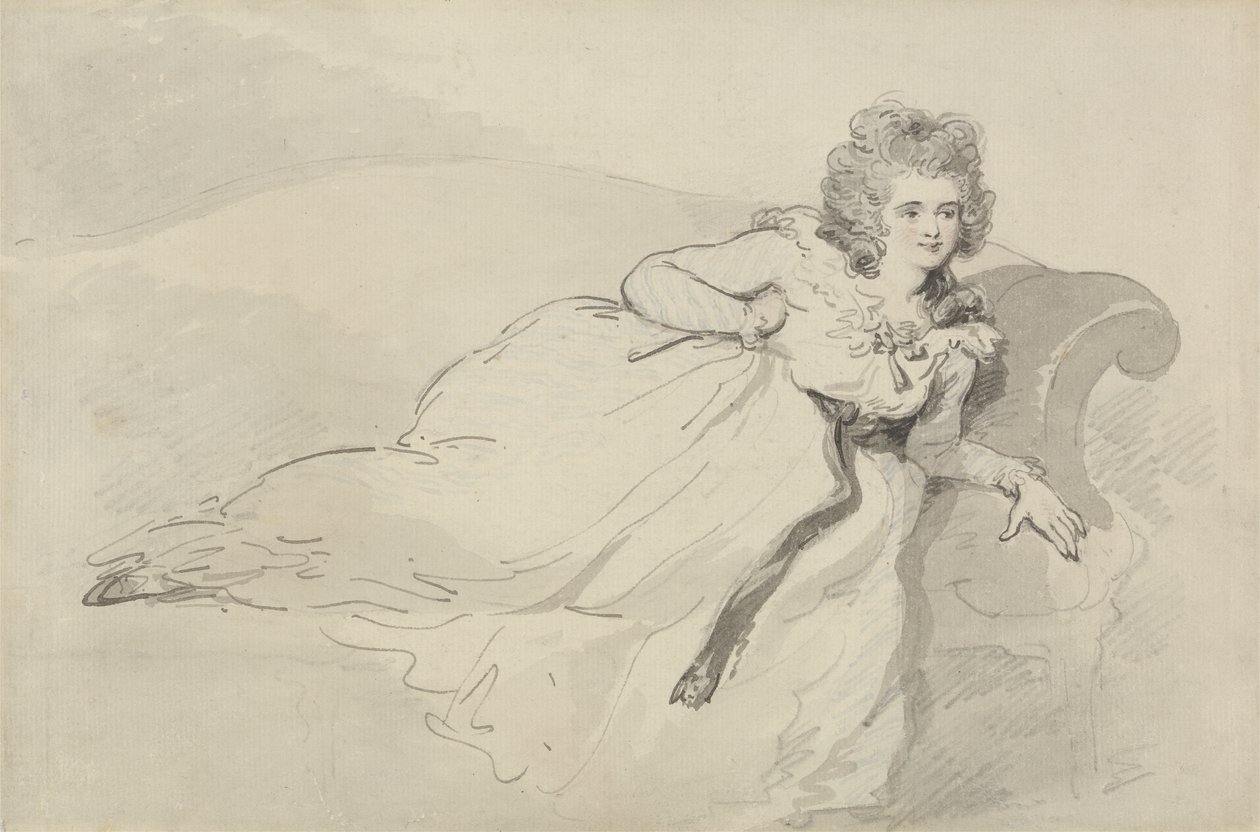 Fru Abington, tilbagelænet på en sofa (pen, grafit & wc på papir) af Thomas Rowlandson