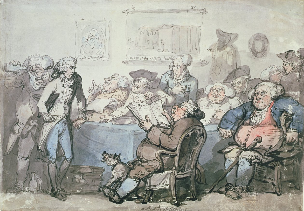 Nr.1744 Et kreditormøde (pen, blæk og wc på papir) af Thomas Rowlandson