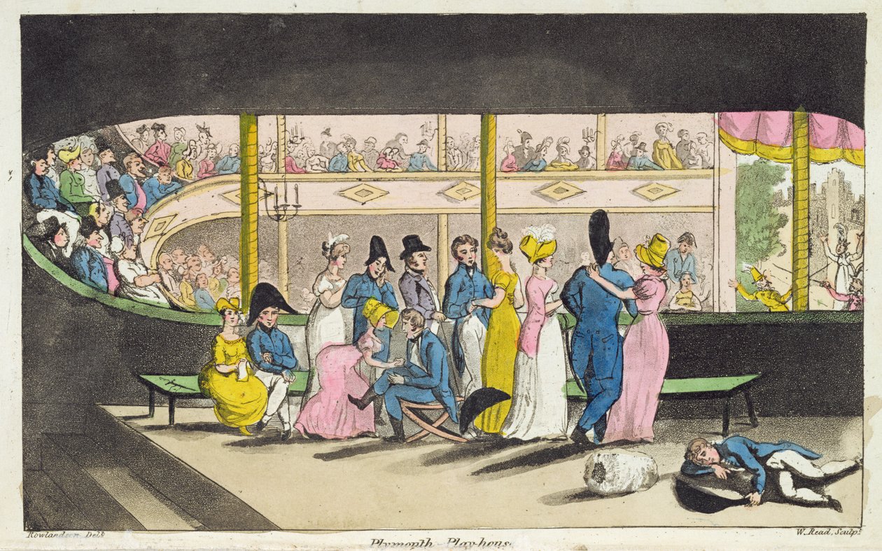 Plymouth Playhouse, plade fra "The Adventures of Johnny Newcome in the Navy" af John Mitford (1782-1831), graveret af W. Read, 1818 af Thomas Rowlandson