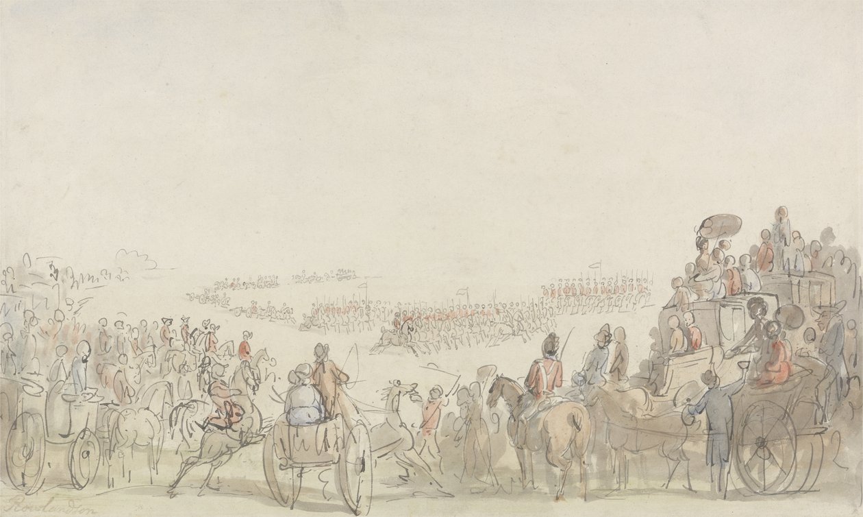 Anmeldelse af Light Horse Volunteers på Wimbledon Common, 1798 (pen og blæk med wc over grafit på papir) af Thomas Rowlandson