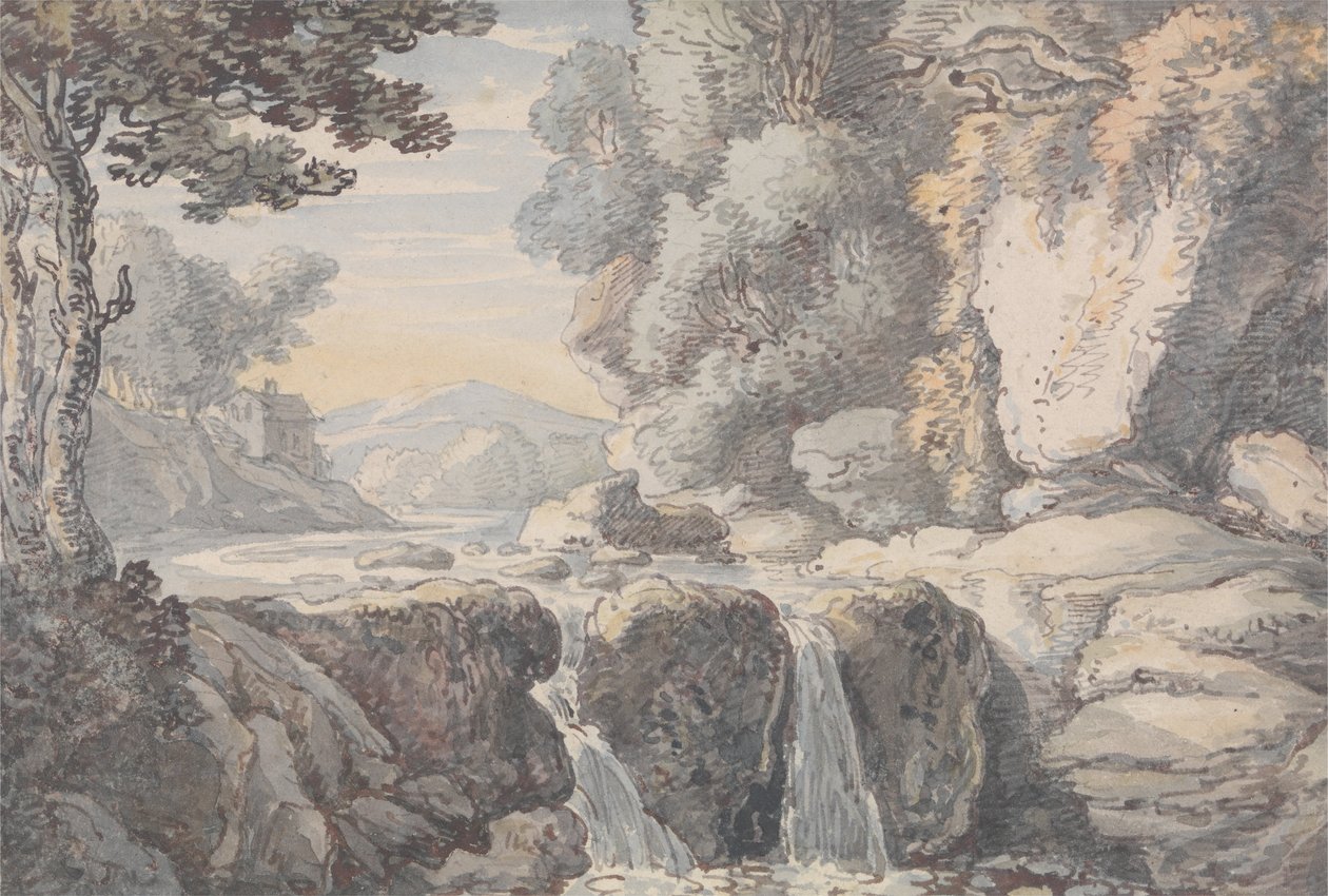 Flodlandskab med et vandfald af Thomas Rowlandson