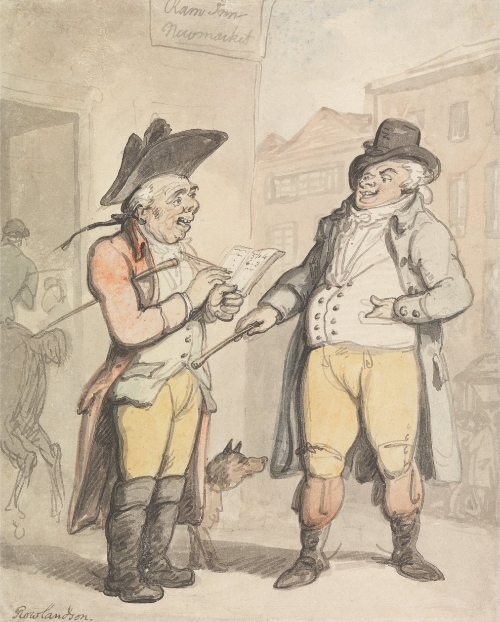 Bookmakeren og hans klient uden for Ram Inn, Newmarket af Thomas Rowlandson