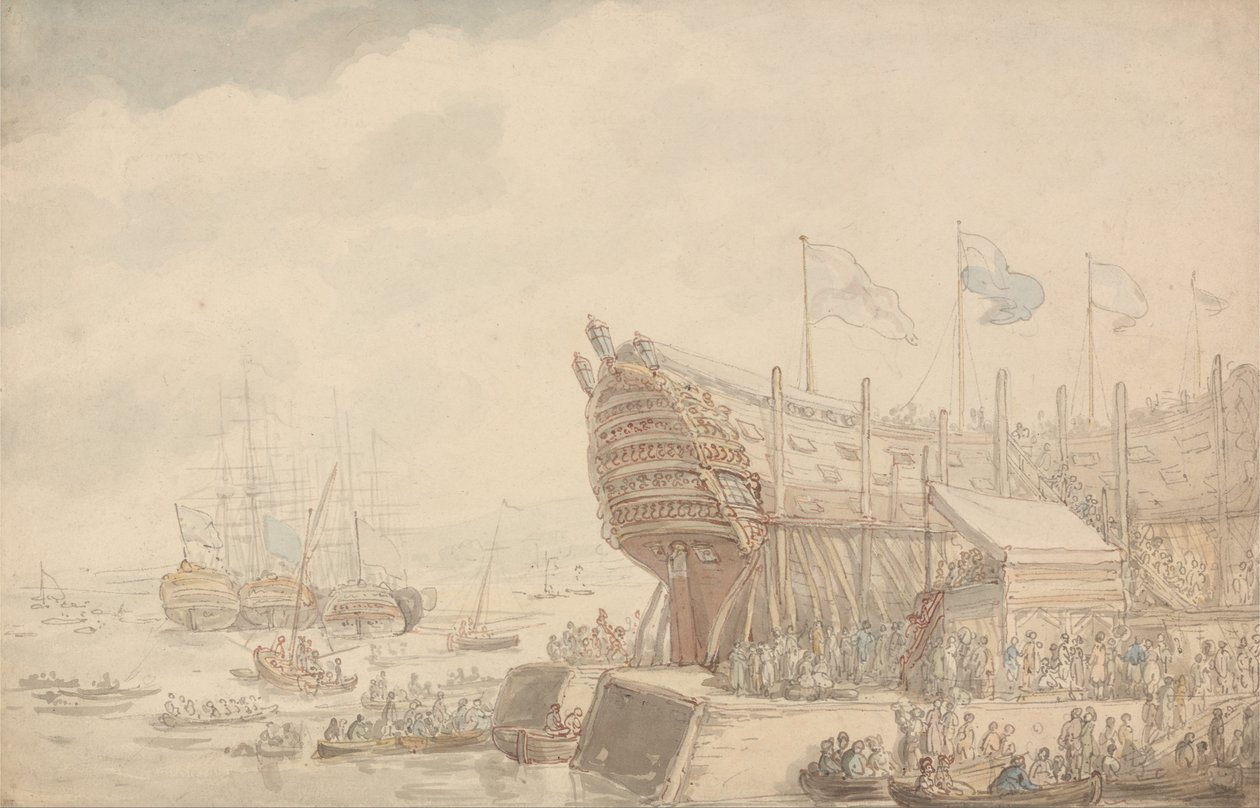 Lanceringen af H.M.S. Hibernia 1804 af Thomas Rowlandson