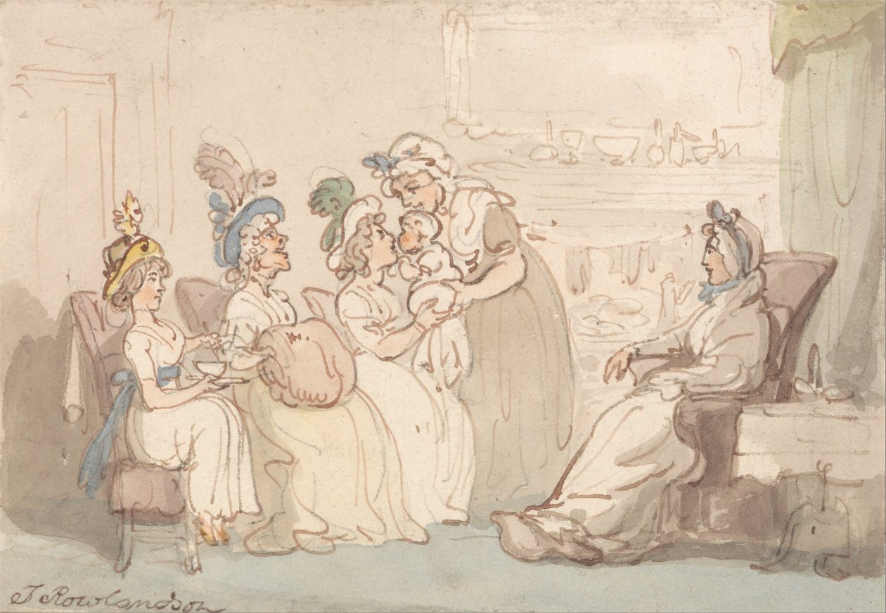 Besøgende får vist babyen af Thomas Rowlandson