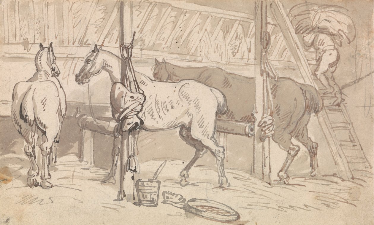 Tre heste i boder af Thomas Rowlandson
