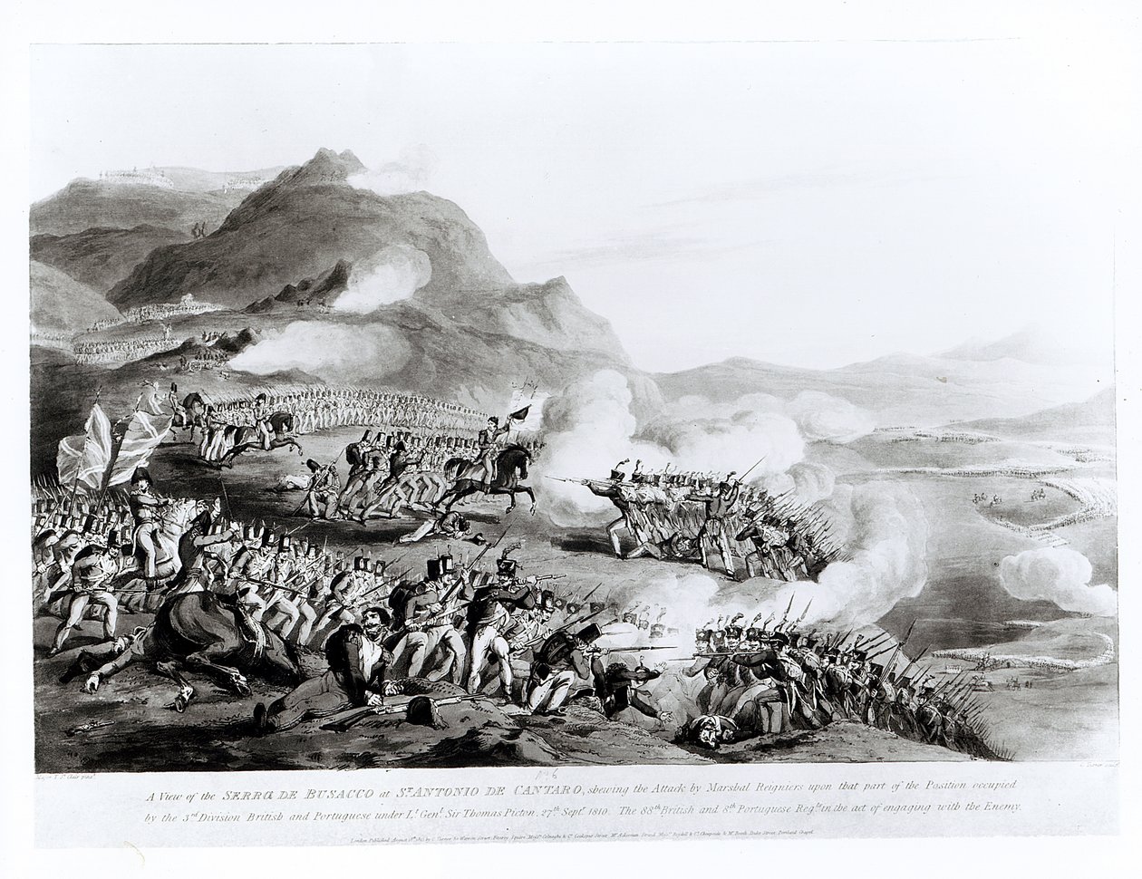 En udsigt over Serra de Busacco ved San Antonio de Cantara, der viser marskal Reigniers angreb på de britiske og portugisiske styrker under generalløjtnant Sir Thomas Picton, 27. september 1810, gravering af Thomas Staunton St. Clair