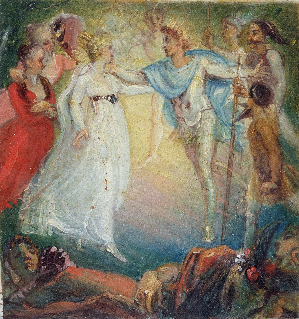 Oberon og Titania fra "En midsommernatsdrøm" af William Shakespeare (1564-1616) 1806 (olie på papir monteret på plade) af Thomas Stothard