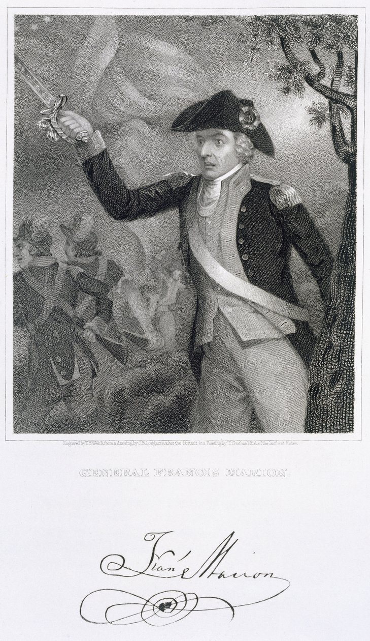 Portræt af general Francis Marion ved slaget ved Eutaw Springs, 1781, indgraveret af Thomas B. Welch (1814-74) efter en tegning af James Barton Longacre (1794-1869) af Thomas Stothard