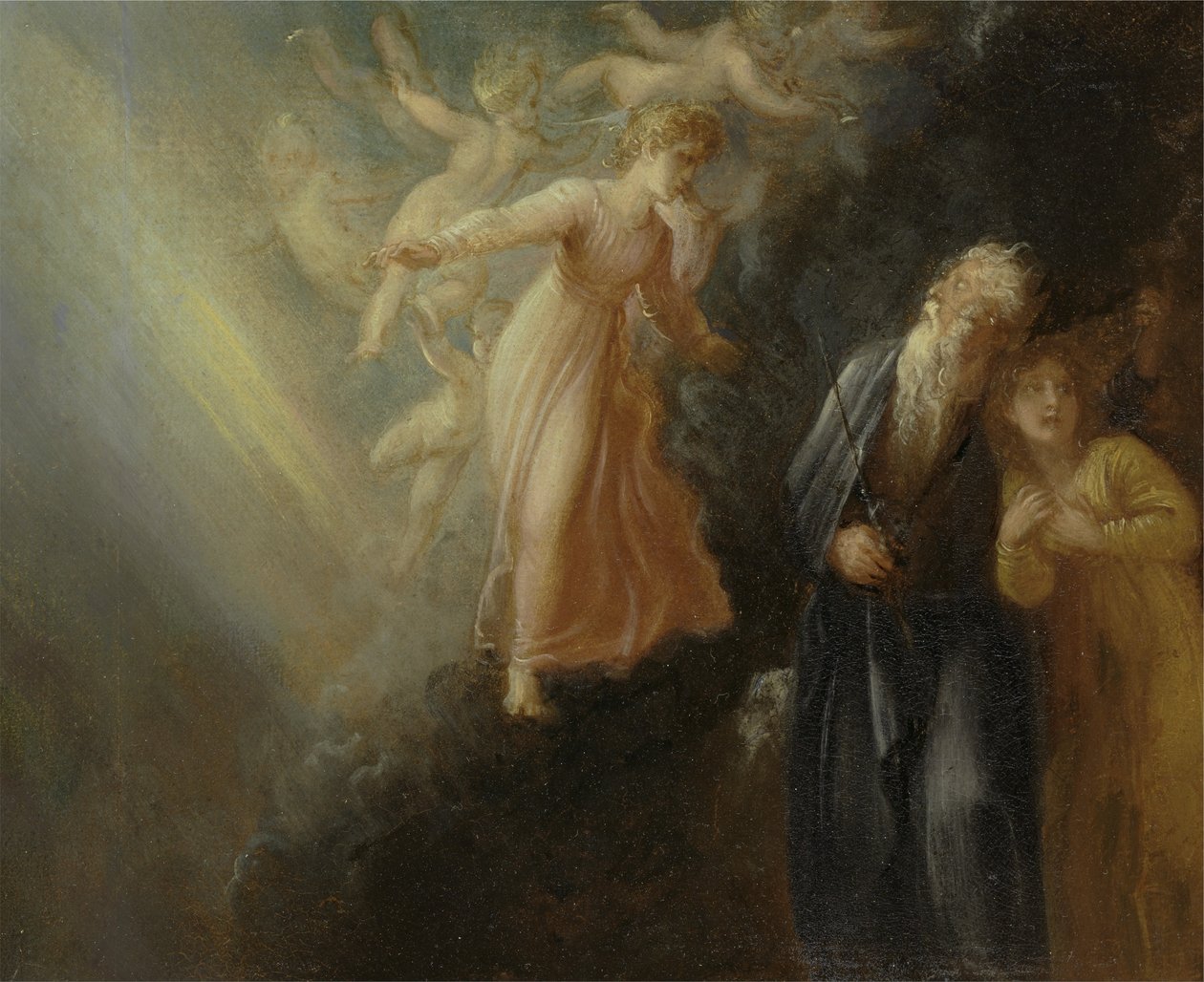 Prospero, Miranda og Ariel, fra The Storm, Act I, scene ii af Thomas Stothard