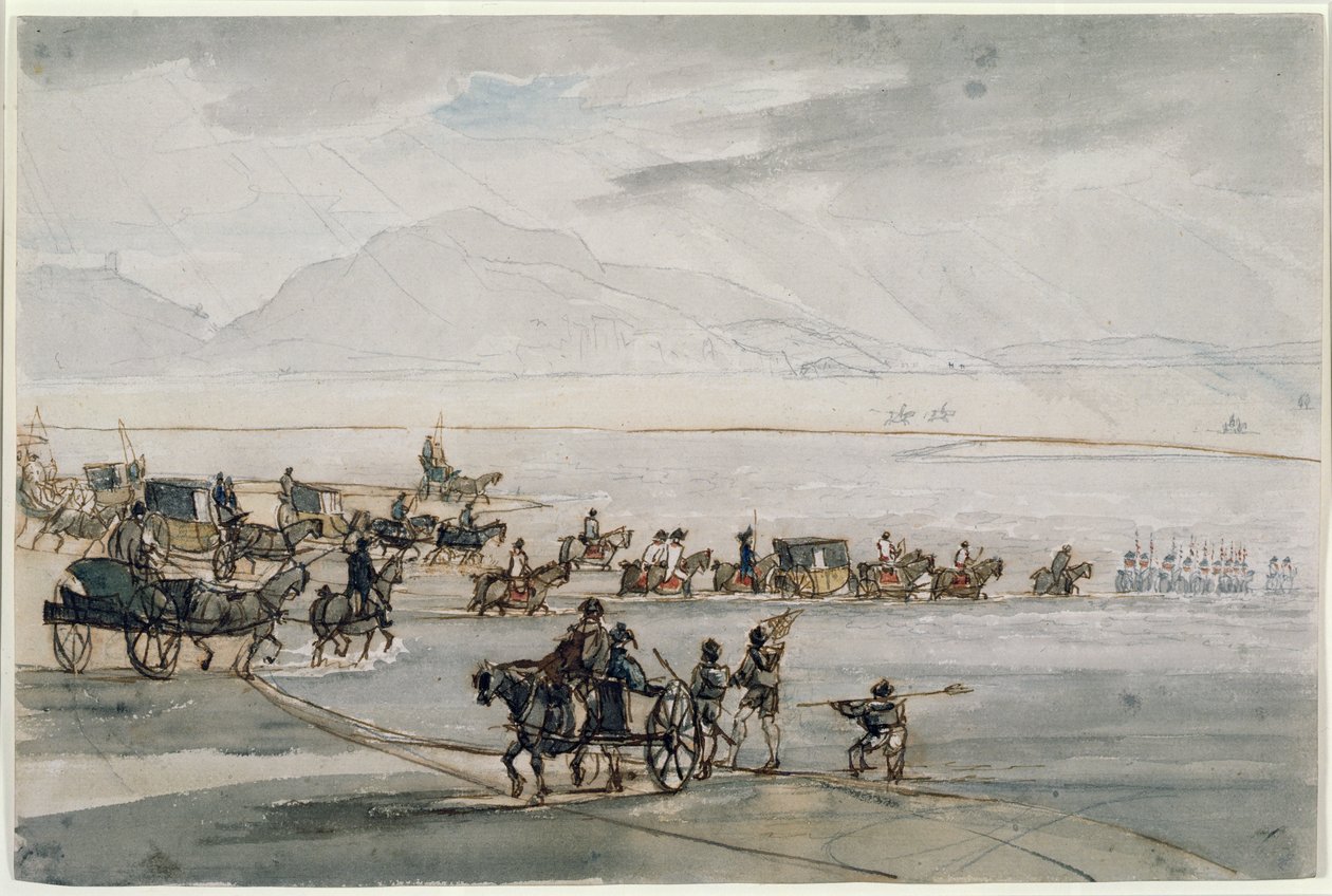 The High Sheriff of Lancashire Crossing Morecambe Sands (wc, pen og blæk på papir) af Thomas Sunderland