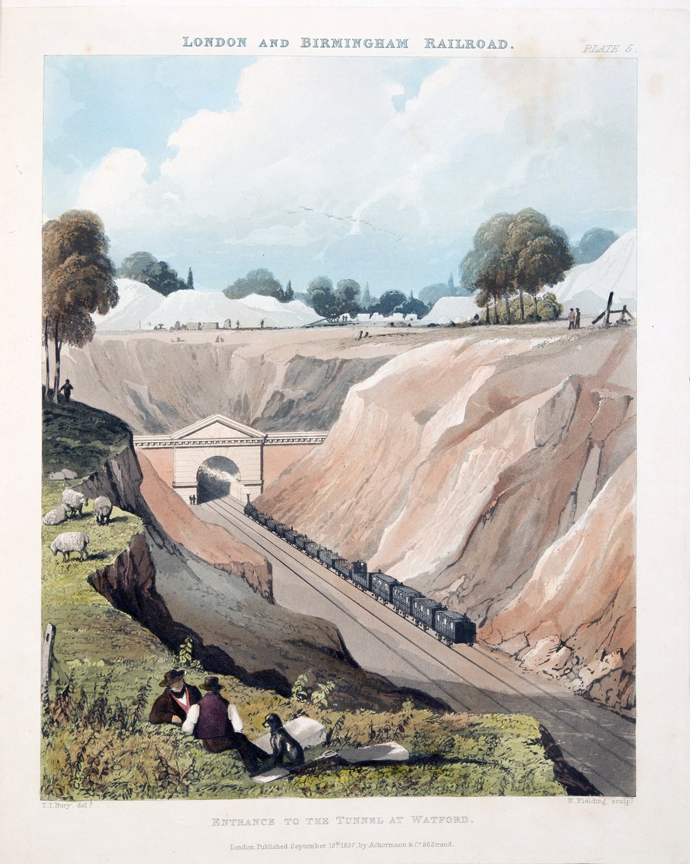 Indgang til tunnelen i Watford, 1837 (håndfarvet gravering) af Thomas Talbot Bury