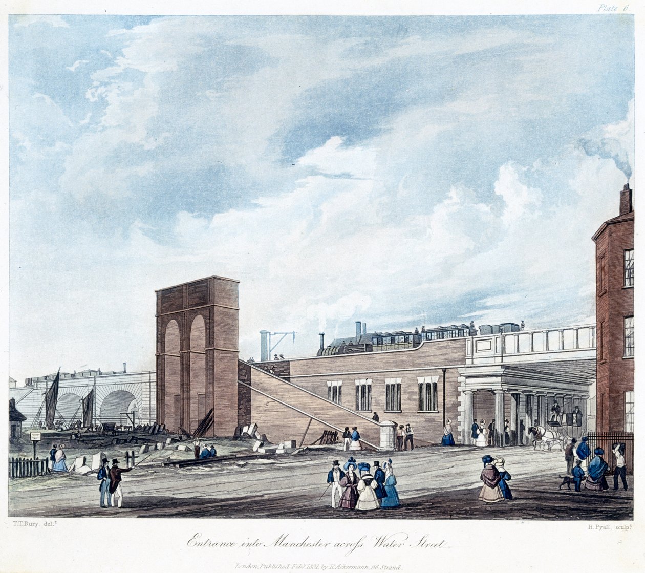 Indgang til Manchester Across Water Street, indgraveret af Henry Pyall (1795-1833) udgivet af Ackermann & Co., 1831 (farvet akvatint) af Thomas Talbot after Bury
