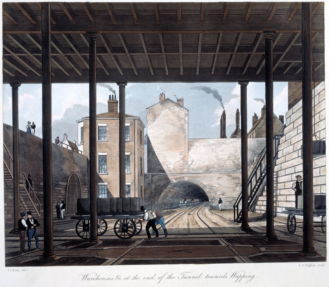 Pakhuse og værker for enden af tunnelen mod Wapping, indgraveret af S.G. Hughes, 1831 (håndfarvet akvatint) af Thomas Talbot after Bury